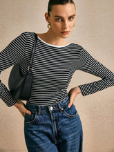 Poéselle Women's Striped Round Neck Long Sleeve Casual Bodysuit, Spring Autumn